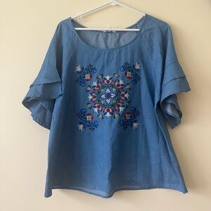 Umgee ruffle sleeved lightweight denim style top boho embroidery cotton sz M
